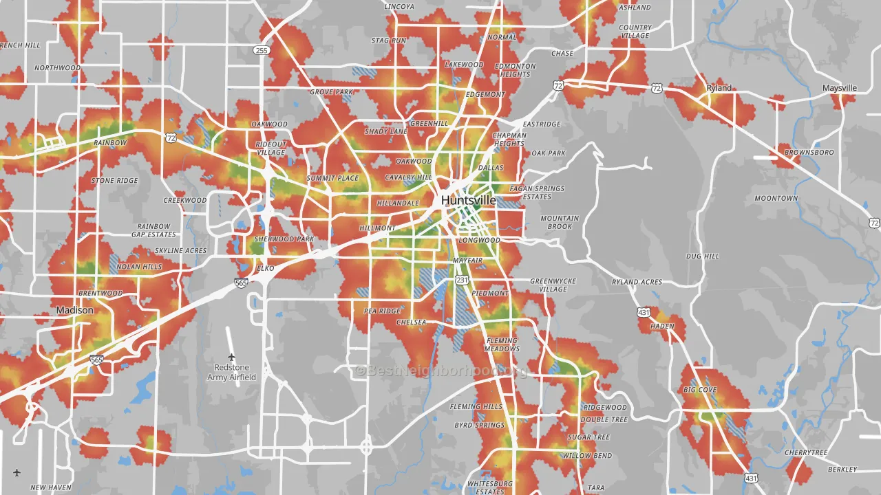 Walk Grade map of Huntsville, AL, walkable areas in green and car-dependent areas in red
