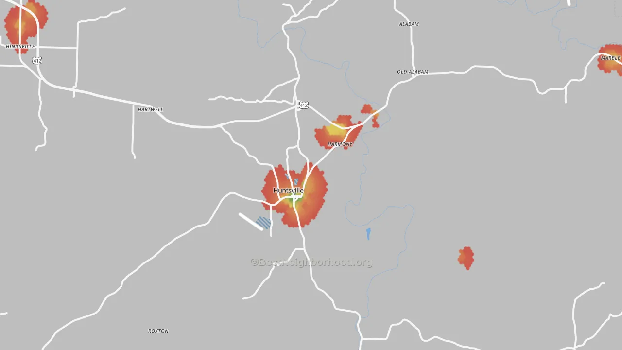 Walk Grade map of Huntsville, AR, walkable areas in green and car-dependent areas in red