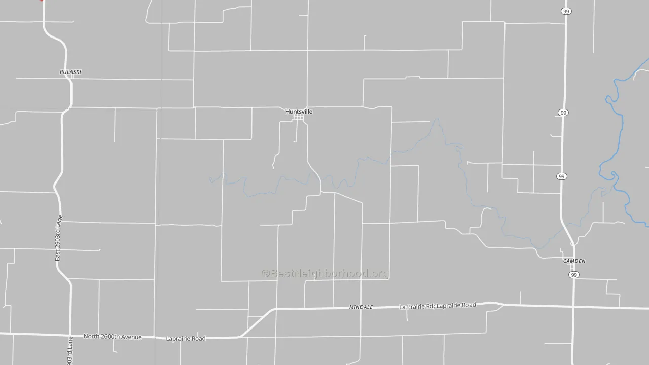 Walk Grade map of Huntsville, IL, walkable areas in green and car-dependent areas in red
