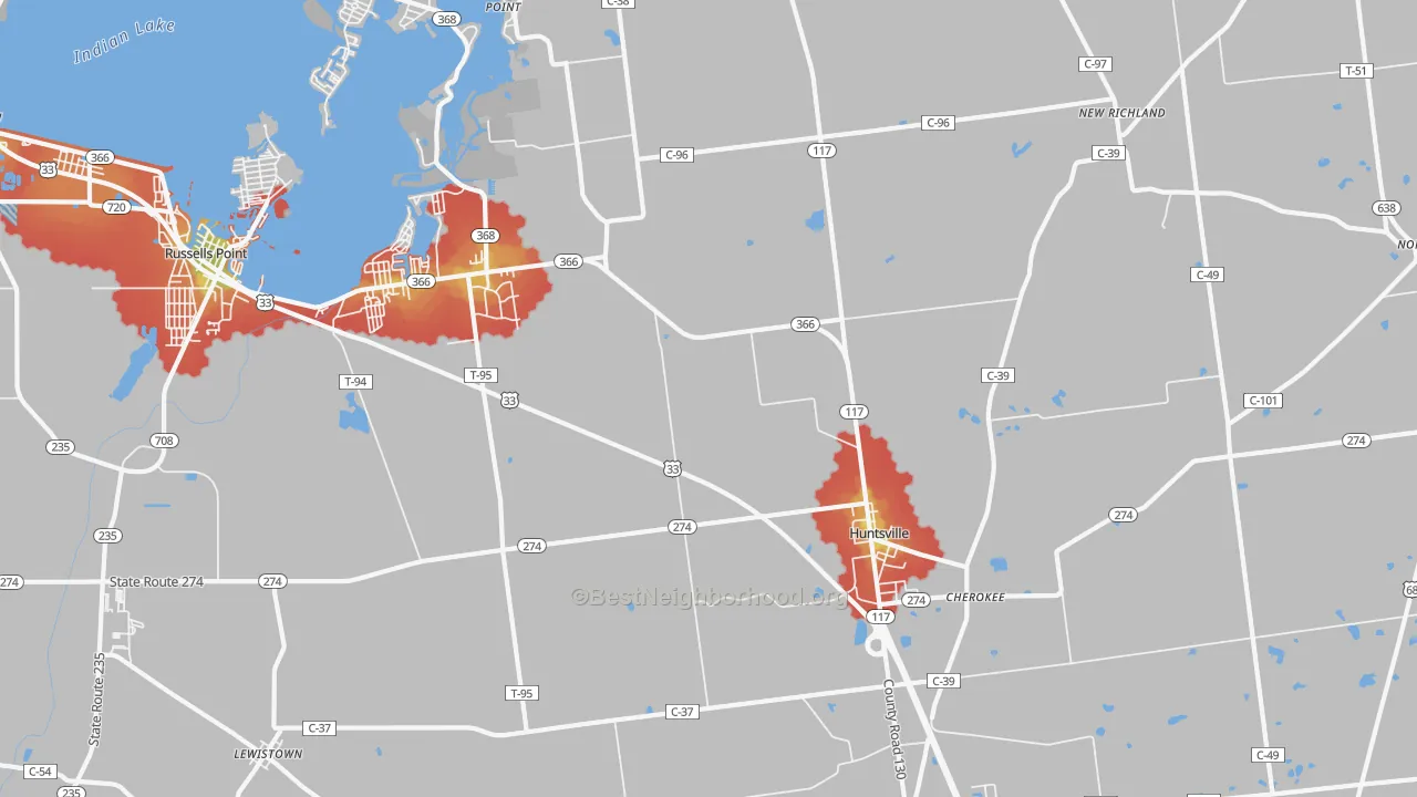 Walk Grade map of Huntsville, OH, walkable areas in green and car-dependent areas in red