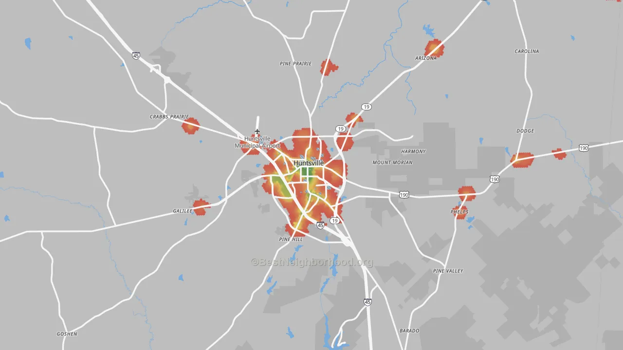 Walk Grade map of Huntsville, TX, walkable areas in green and car-dependent areas in red