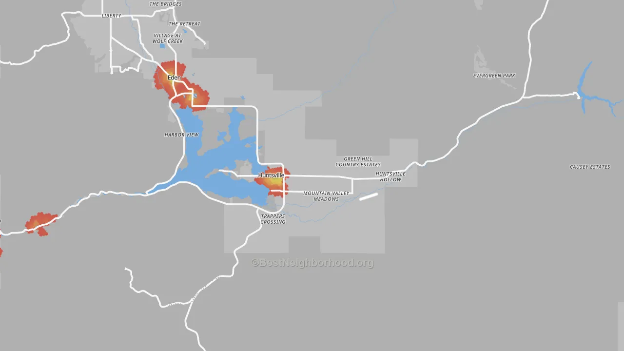 Walk Grade map of Huntsville, UT, walkable areas in green and car-dependent areas in red