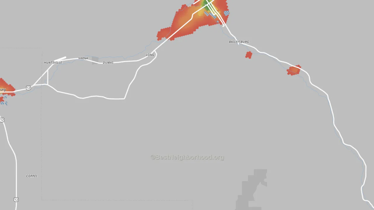 Walk Grade map of Huntsville, WA, walkable areas in green and car-dependent areas in red