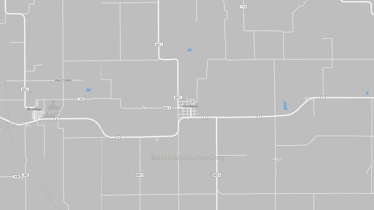 Walk Grade map of Hurdland, MO, walkable areas in green and car-dependent areas in red