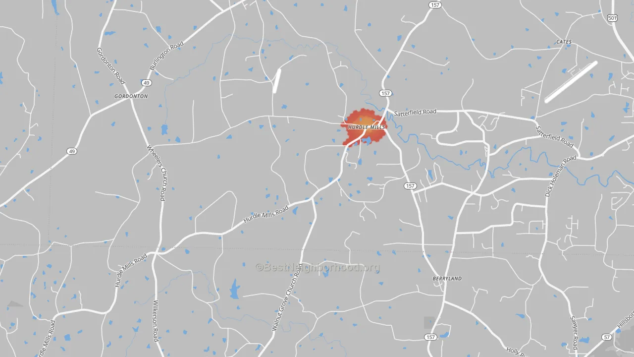 Walk Grade map of Hurdle Mills, NC, walkable areas in green and car-dependent areas in red