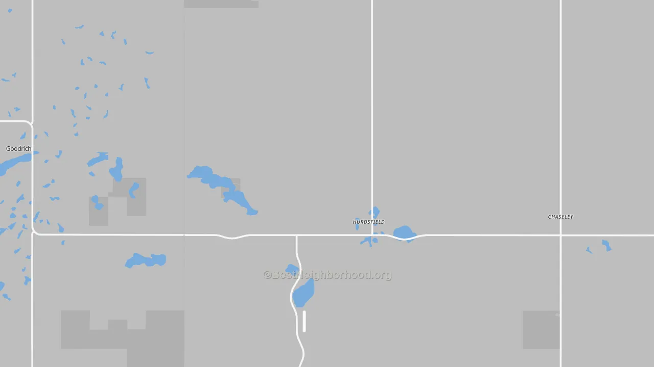 Walk Grade map of Hurdsfield, ND, walkable areas in green and car-dependent areas in red