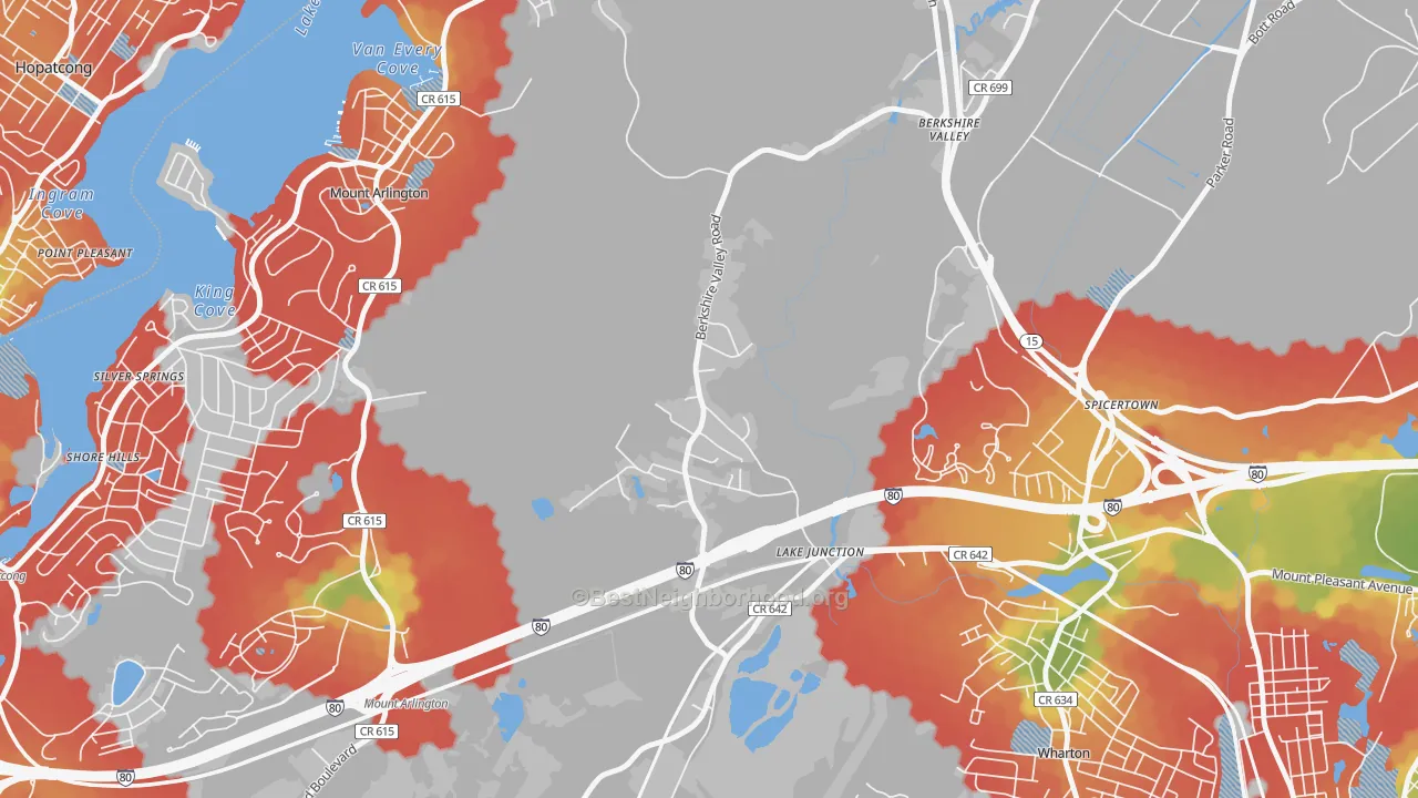 Walk Grade map of Hurdtown, NJ, walkable areas in green and car-dependent areas in red