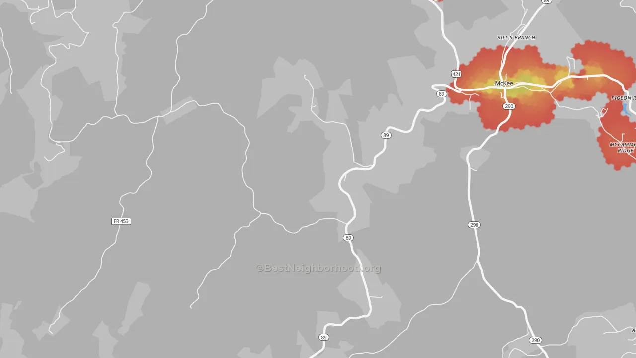 Walk Grade map of Hurley, KY, walkable areas in green and car-dependent areas in red