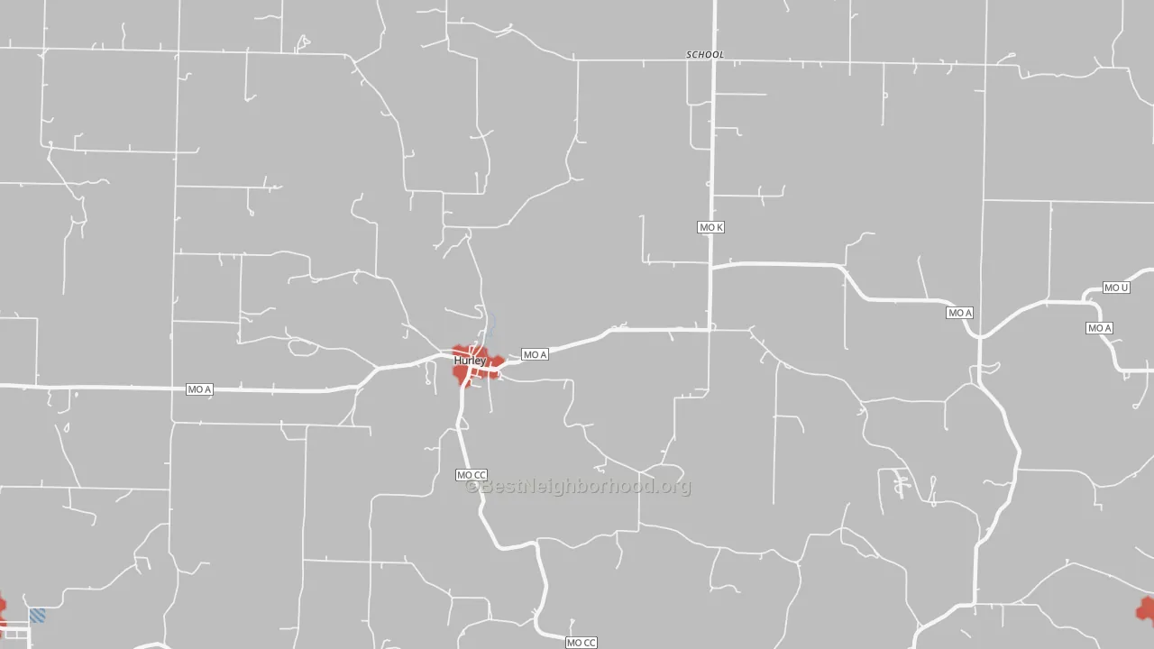 Walk Grade map of Hurley, MO, walkable areas in green and car-dependent areas in red