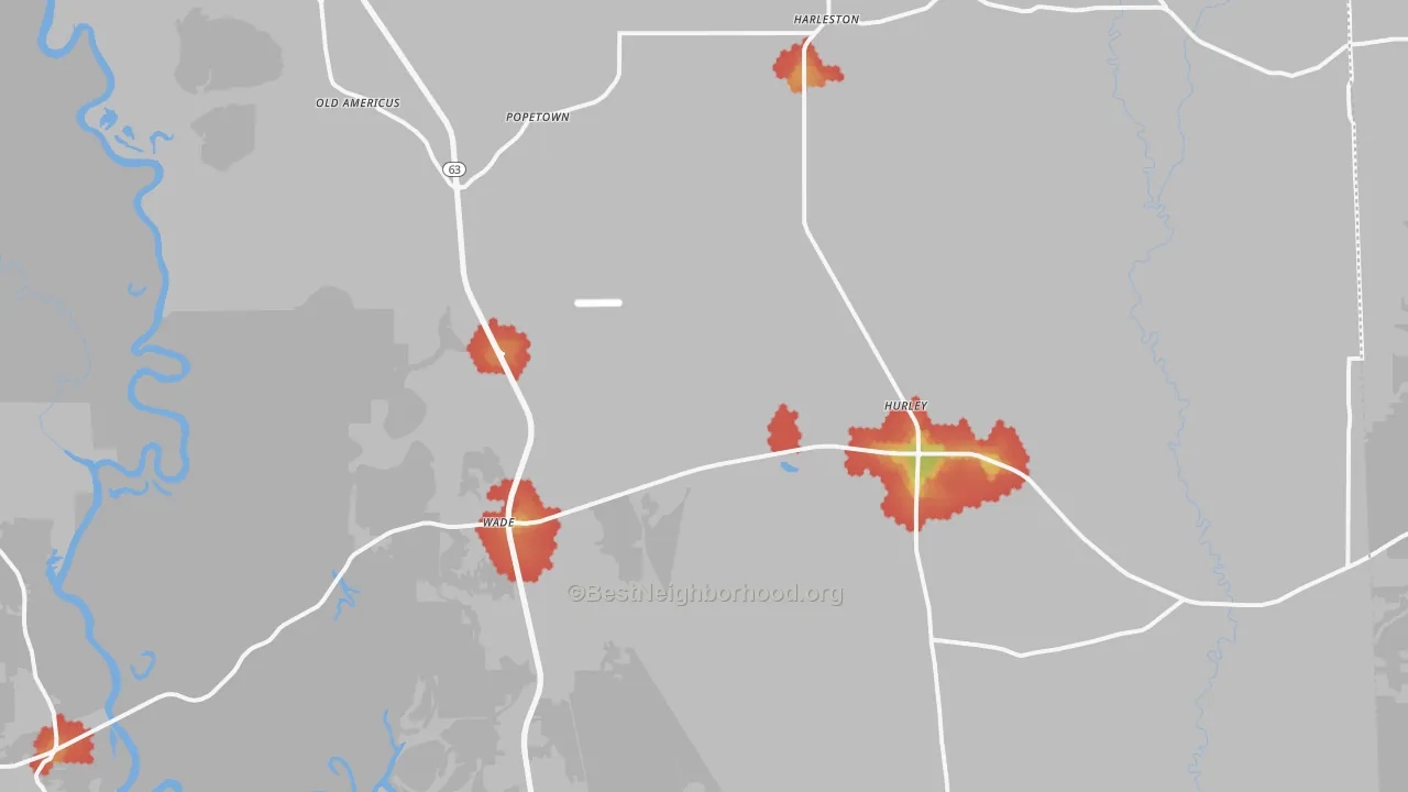 Walk Grade map of Hurley, MS, walkable areas in green and car-dependent areas in red