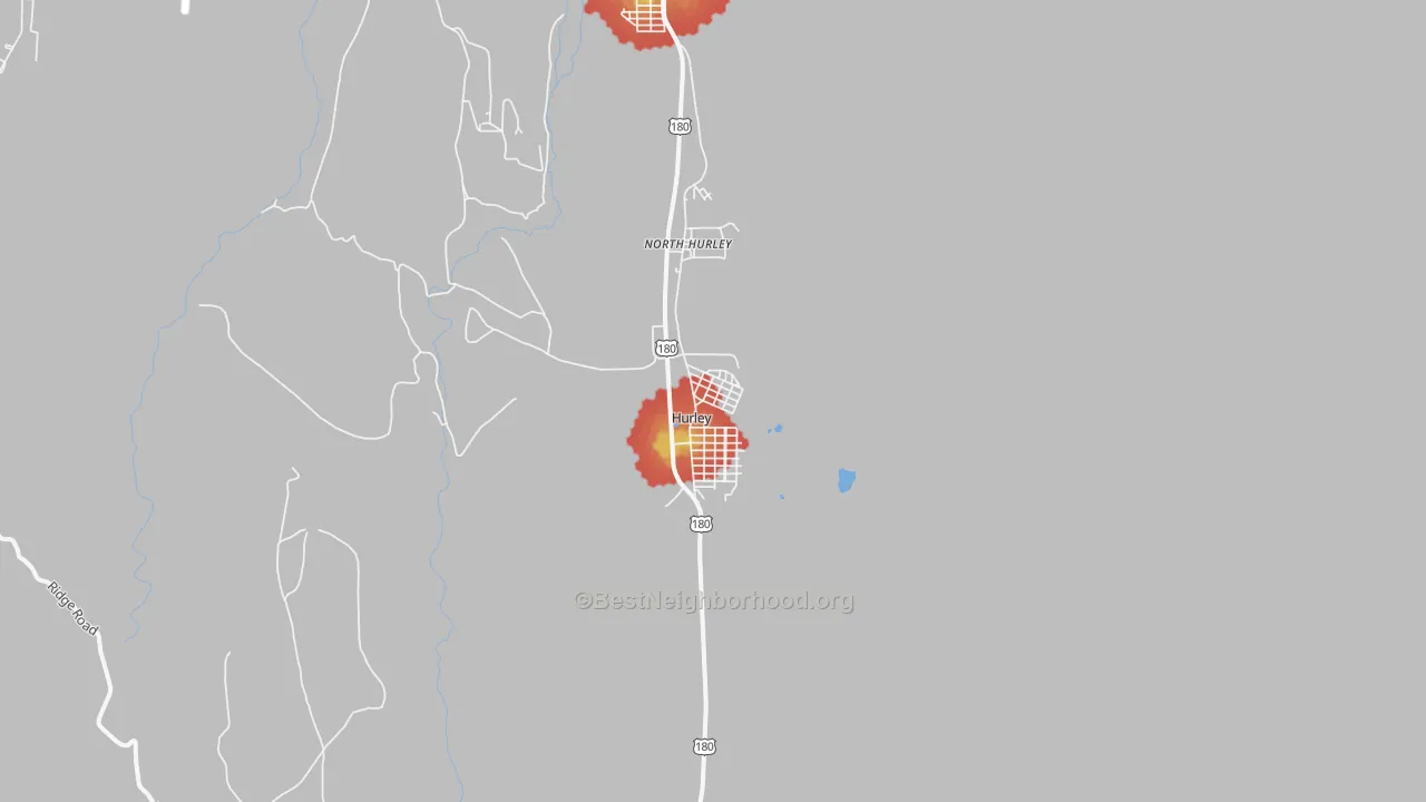 Walk Grade map of Hurley, NM, walkable areas in green and car-dependent areas in red