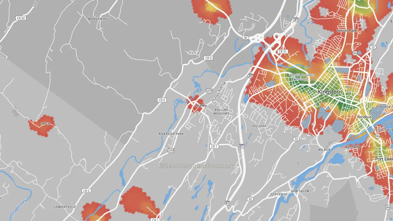 Walk Grade map of Hurley, NY, walkable areas in green and car-dependent areas in red
