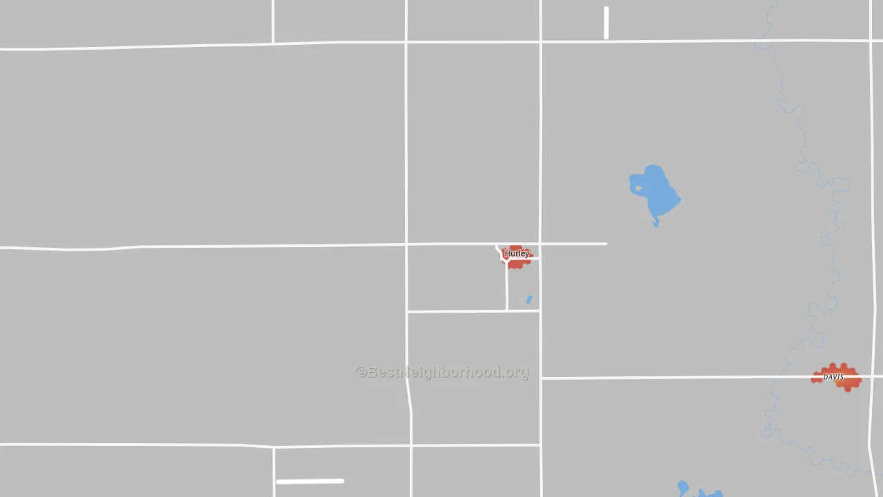 Walk Grade map of Hurley, SD, walkable areas in green and car-dependent areas in red