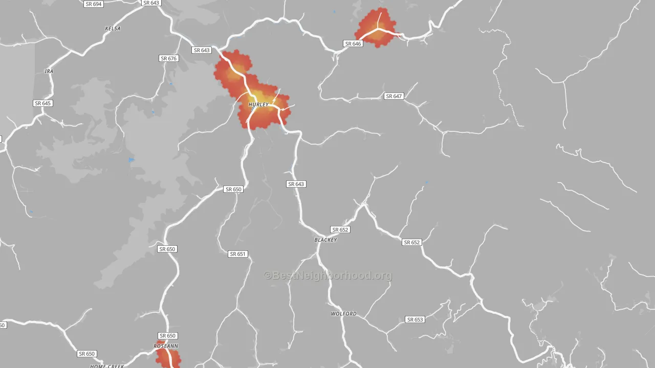 Walk Grade map of Hurley, VA, walkable areas in green and car-dependent areas in red