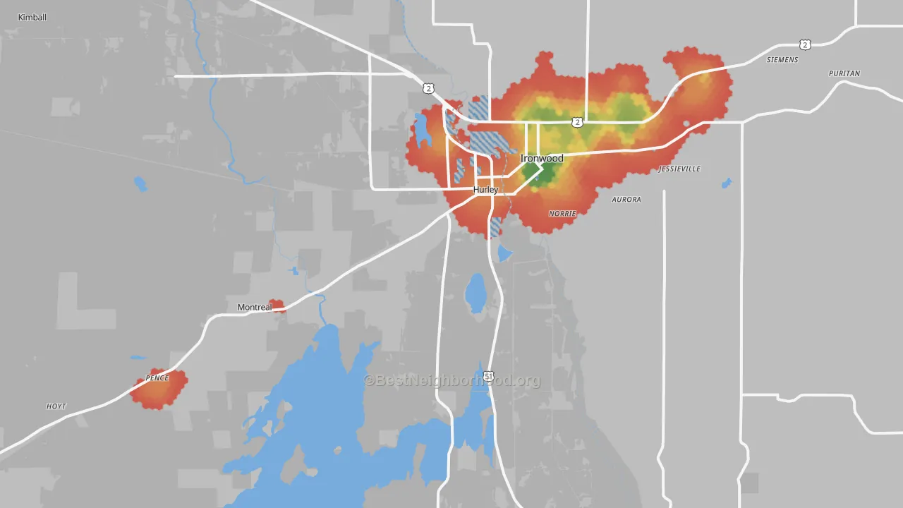 Walk Grade map of Hurley, WI, walkable areas in green and car-dependent areas in red