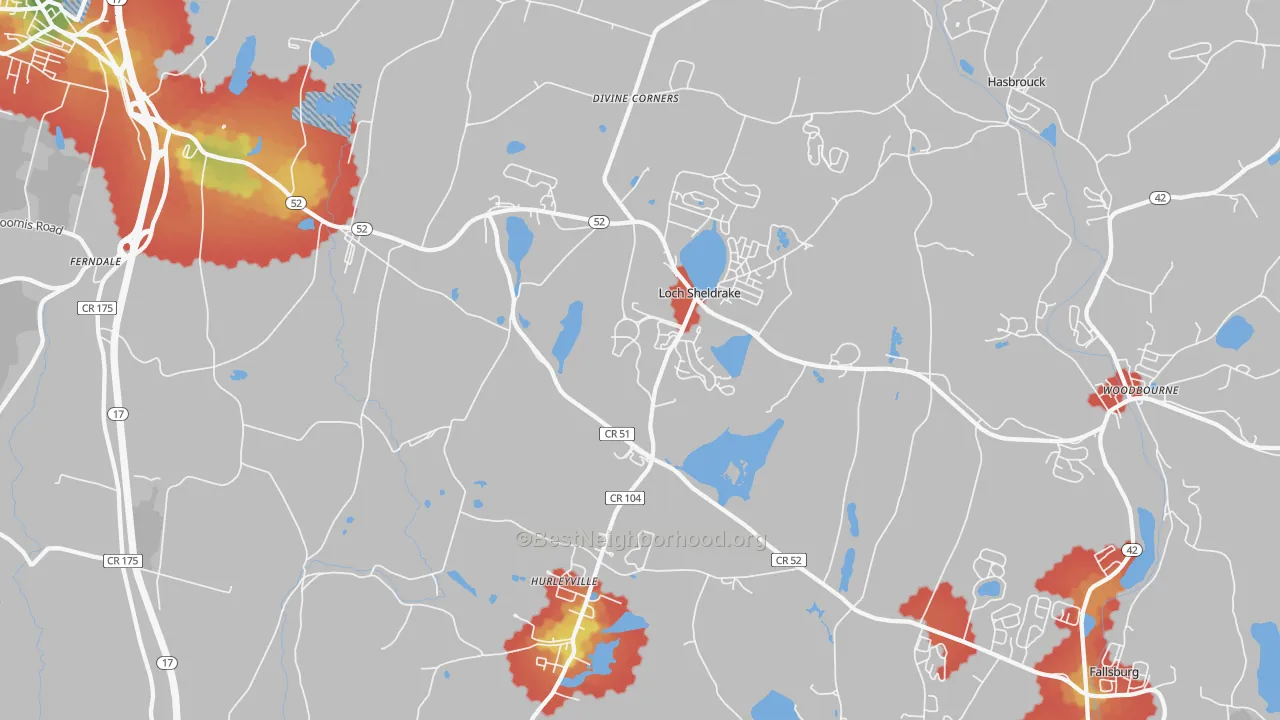 Walk Grade map of Hurleyville, NY, walkable areas in green and car-dependent areas in red
