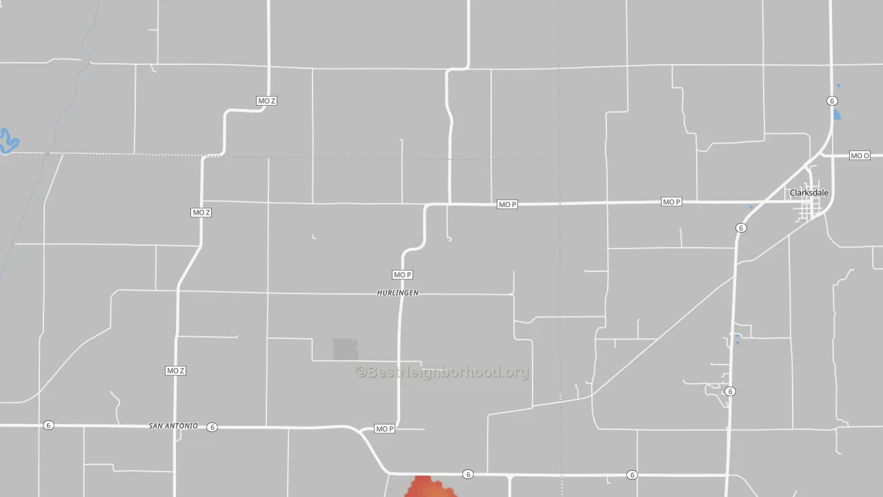 Walk Grade map of Hurlingen, MO, walkable areas in green and car-dependent areas in red