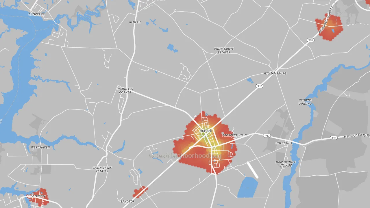 Walk Grade map of Hurlock, MD, walkable areas in green and car-dependent areas in red