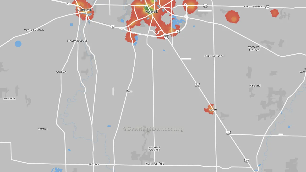Walk Grade map of Huron County, OH, walkable areas in green and car-dependent areas in red
