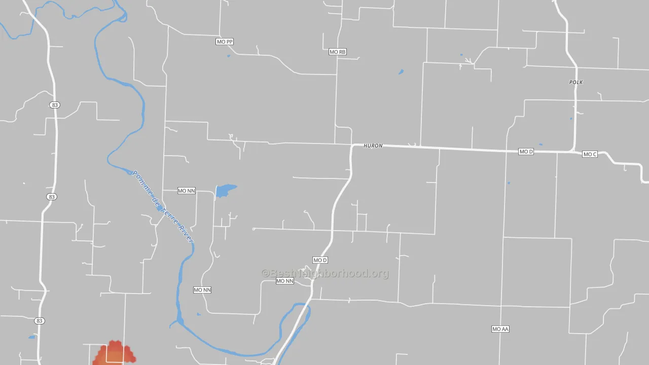 Walk Grade map of Huron, MO, walkable areas in green and car-dependent areas in red