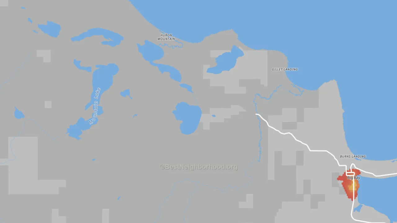 Walk Grade map of Huron Mountain, MI, walkable areas in green and car-dependent areas in red