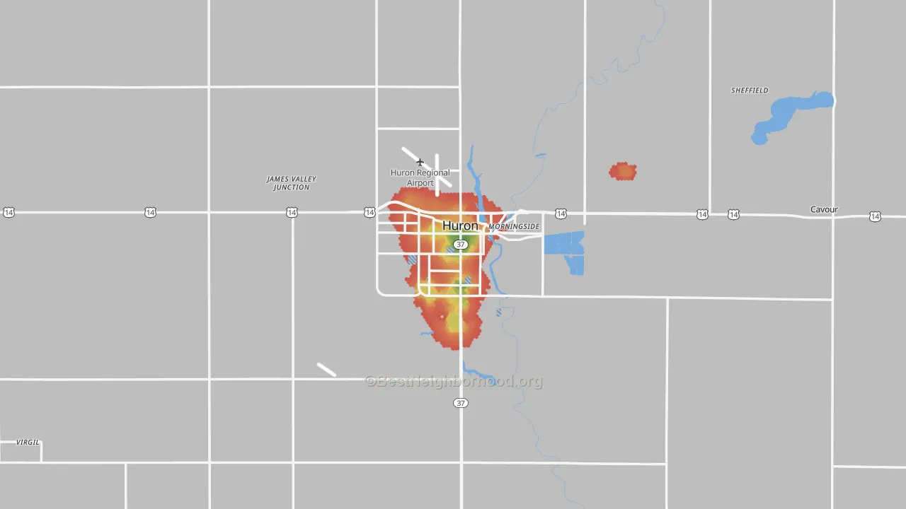 Walk Grade map of Huron, SD, walkable areas in green and car-dependent areas in red