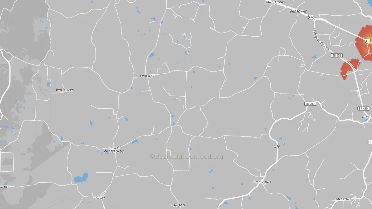 Walk Grade map of Huron, TN, walkable areas in green and car-dependent areas in red
