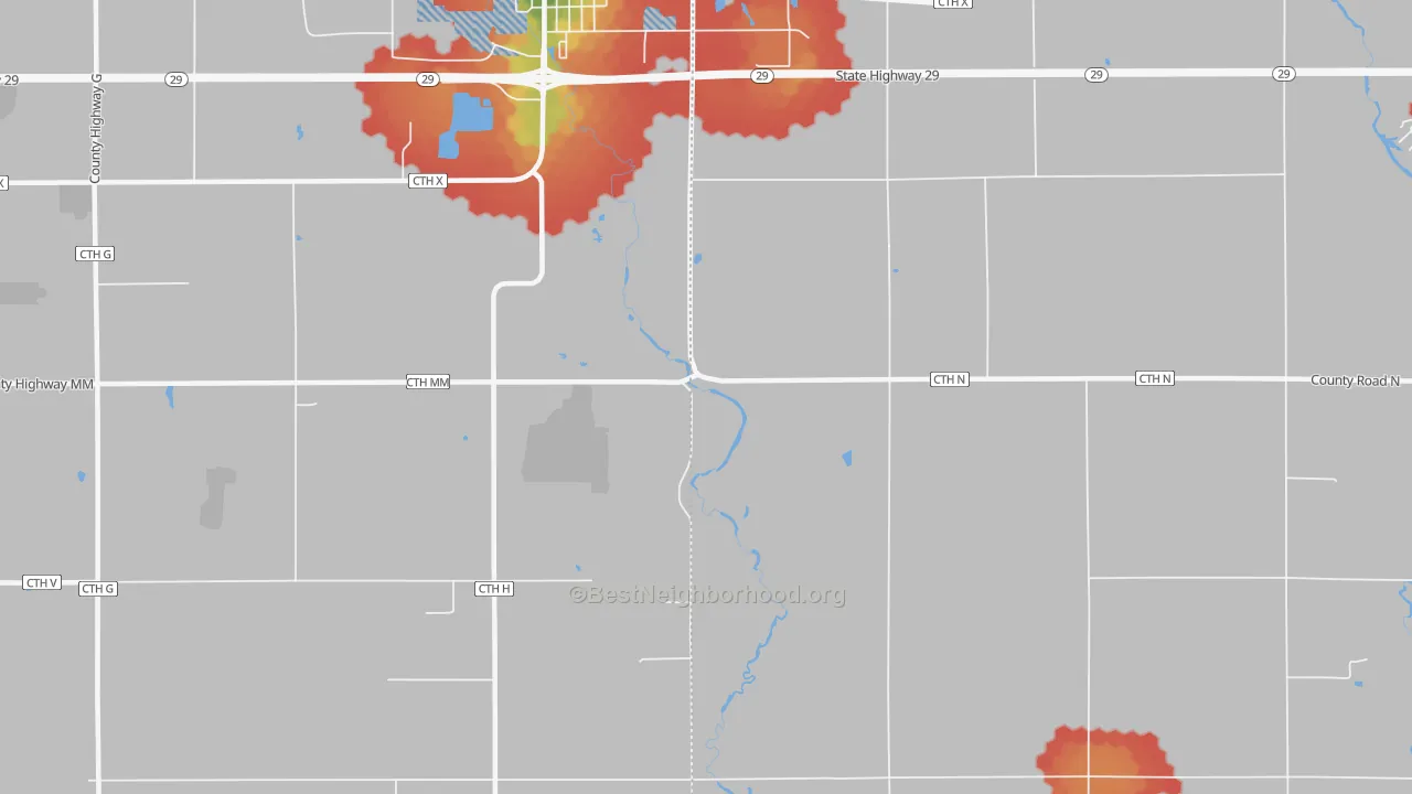 Walk Grade map of Huron, WI, walkable areas in green and car-dependent areas in red
