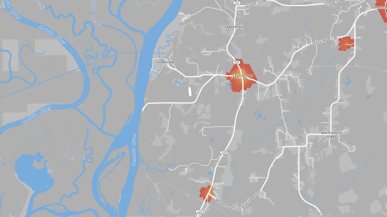 Walk Grade map of Hurricane, AL, walkable areas in green and car-dependent areas in red
