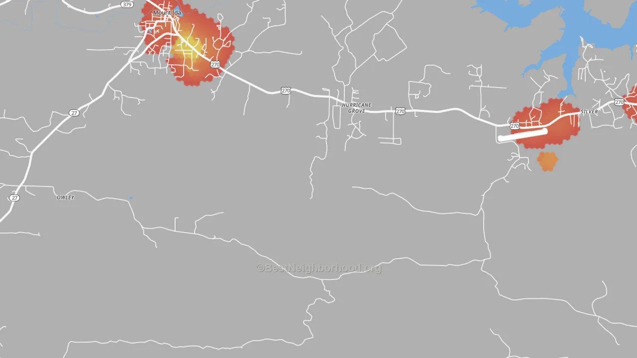 Walk Grade map of Hurricane Grove, AR, walkable areas in green and car-dependent areas in red