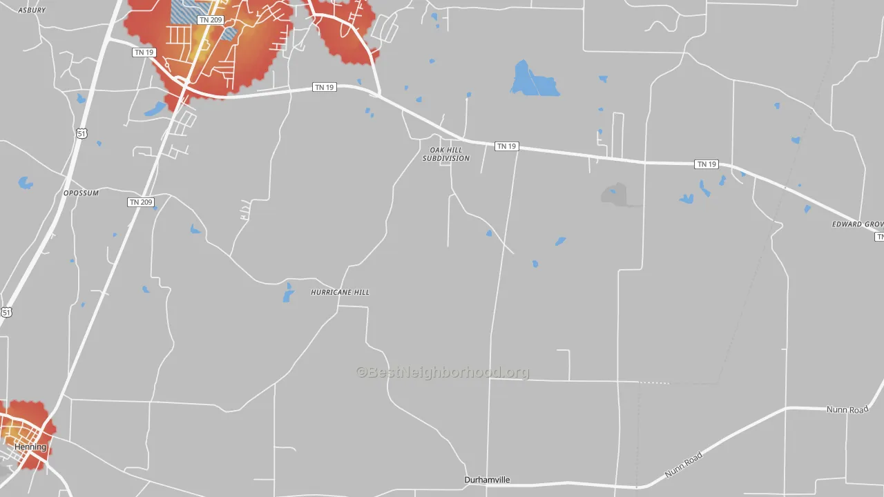 Walk Grade map of Hurricane Hill, TN, walkable areas in green and car-dependent areas in red