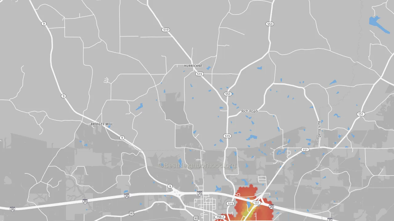 Walk Grade map of Hurricane, LA, walkable areas in green and car-dependent areas in red