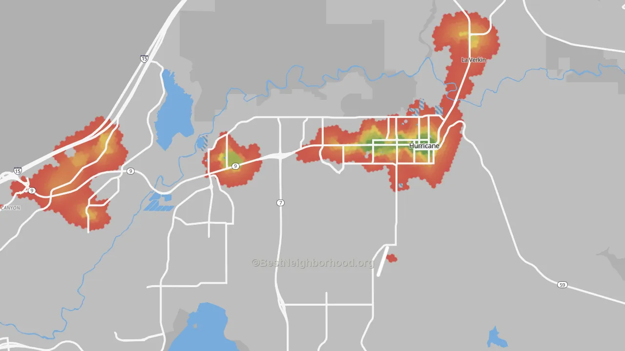 Walk Grade map of Hurricane, UT, walkable areas in green and car-dependent areas in red