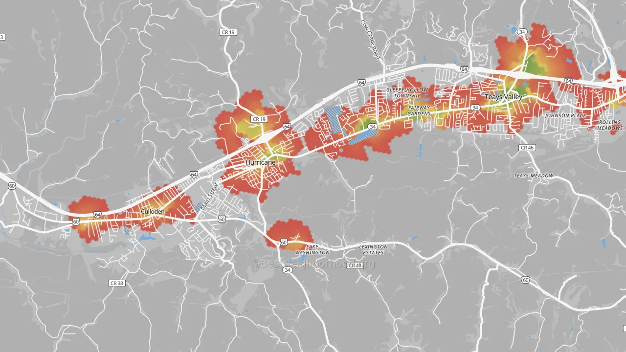 Walk Grade map of Hurricane, WV, walkable areas in green and car-dependent areas in red