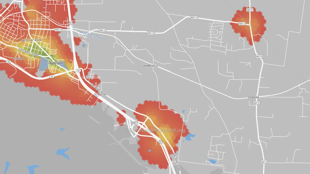 Walk Grade map of Hurryville, MO, walkable areas in green and car-dependent areas in red