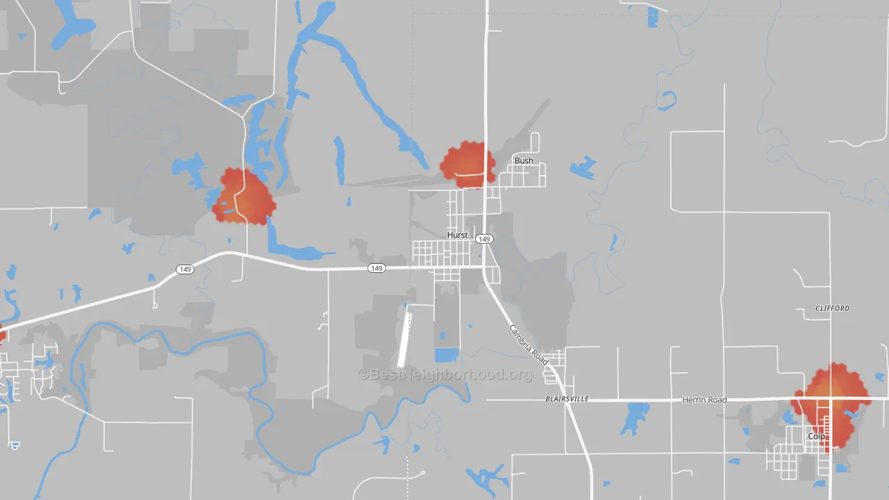 Walk Grade map of Hurst, IL, walkable areas in green and car-dependent areas in red