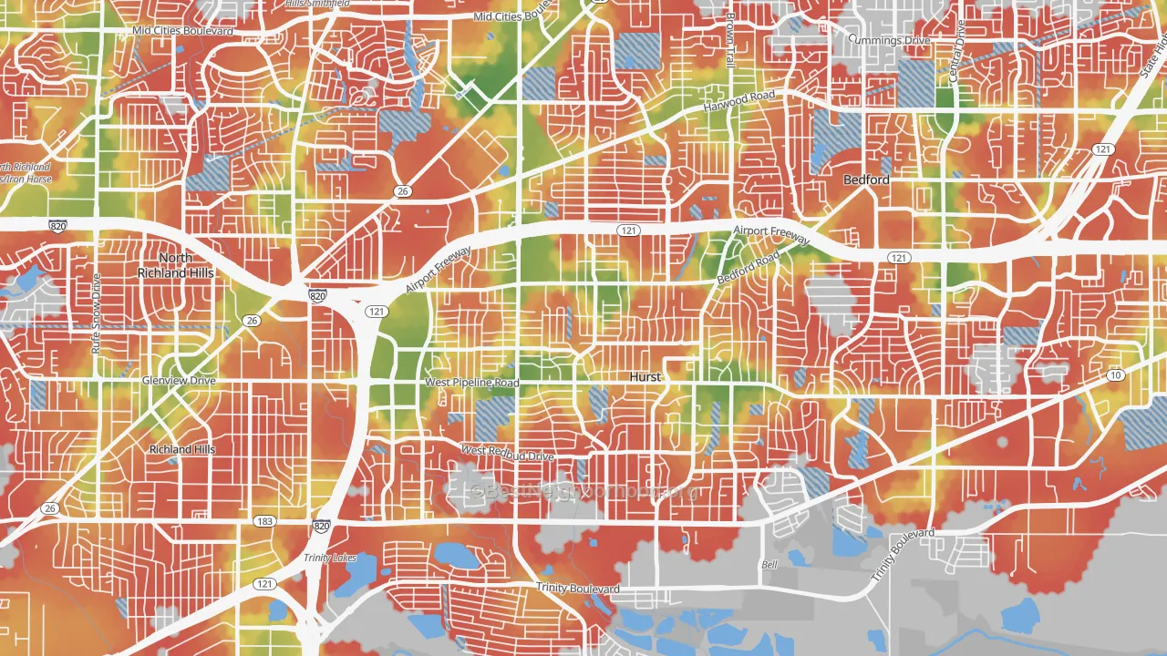 Walk Grade map of Hurst, TX, walkable areas in green and car-dependent areas in red