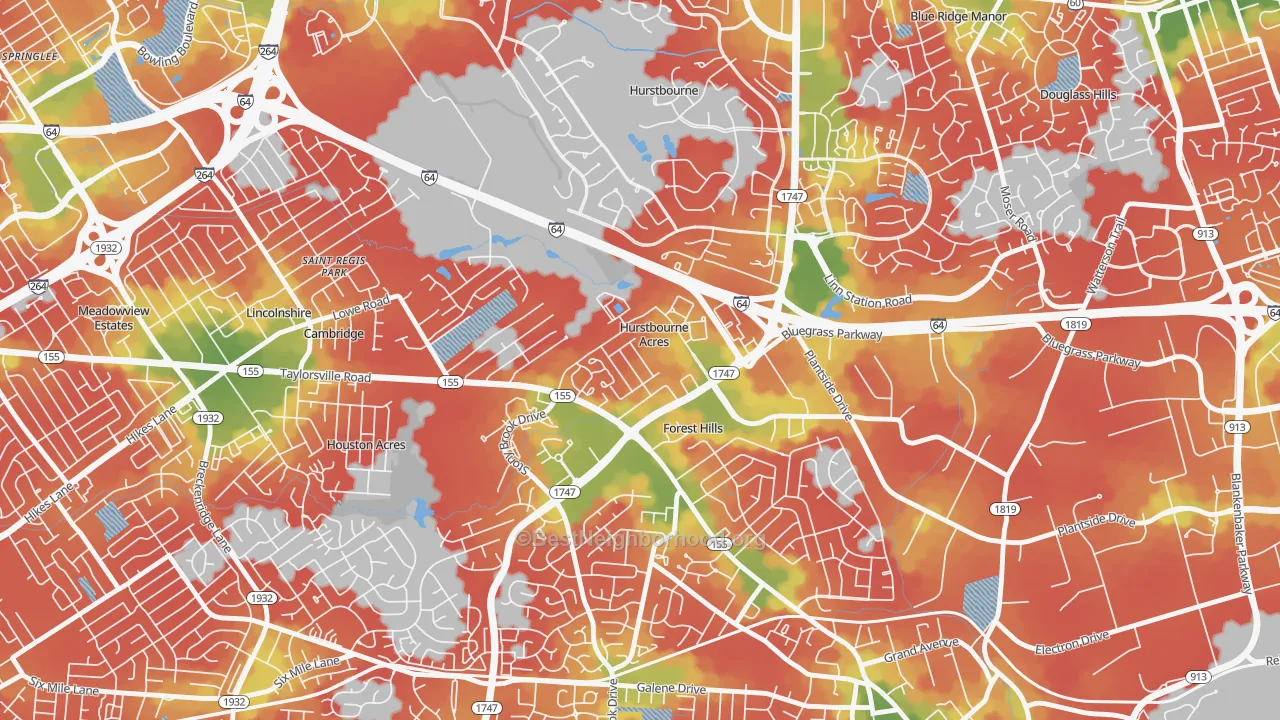 Walk Grade map of Hurstbourne Acres, KY, walkable areas in green and car-dependent areas in red