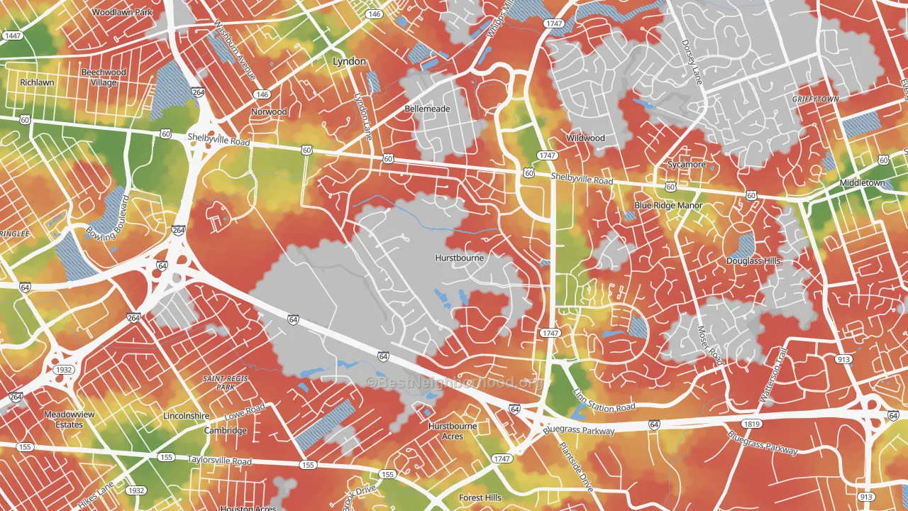 Walk Grade map of Hurstbourne, KY, walkable areas in green and car-dependent areas in red
