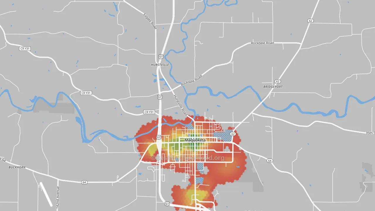 Walk Grade map of Hurstville, IA, walkable areas in green and car-dependent areas in red