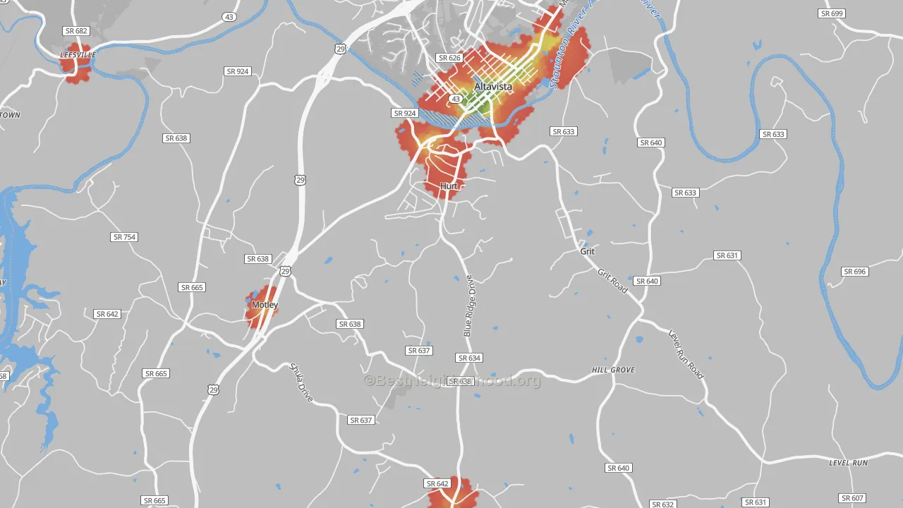 Walk Grade map of Hurt, VA, walkable areas in green and car-dependent areas in red