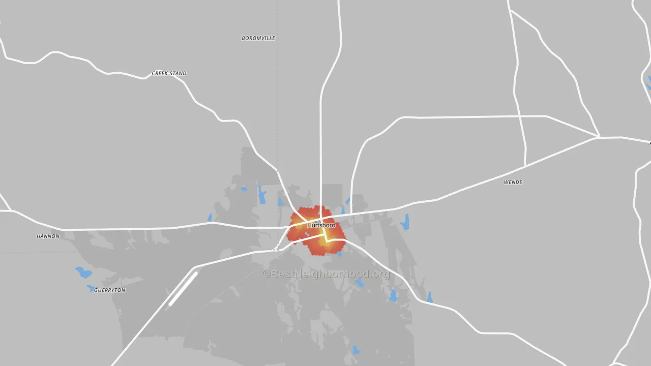 Walk Grade map of Hurtsboro, AL, walkable areas in green and car-dependent areas in red