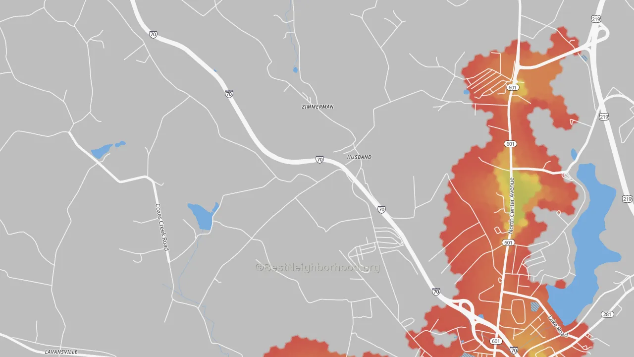 Walk Grade map of Husband, PA, walkable areas in green and car-dependent areas in red