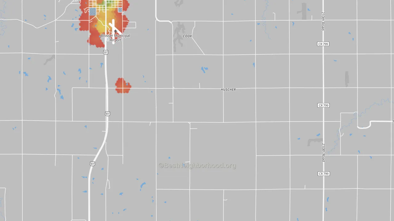 Walk Grade map of Huscher, KS, walkable areas in green and car-dependent areas in red
