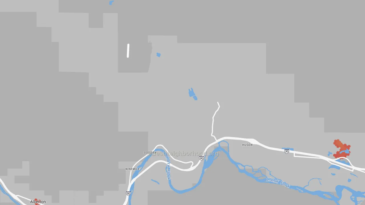 Walk Grade map of Huson, MT, walkable areas in green and car-dependent areas in red