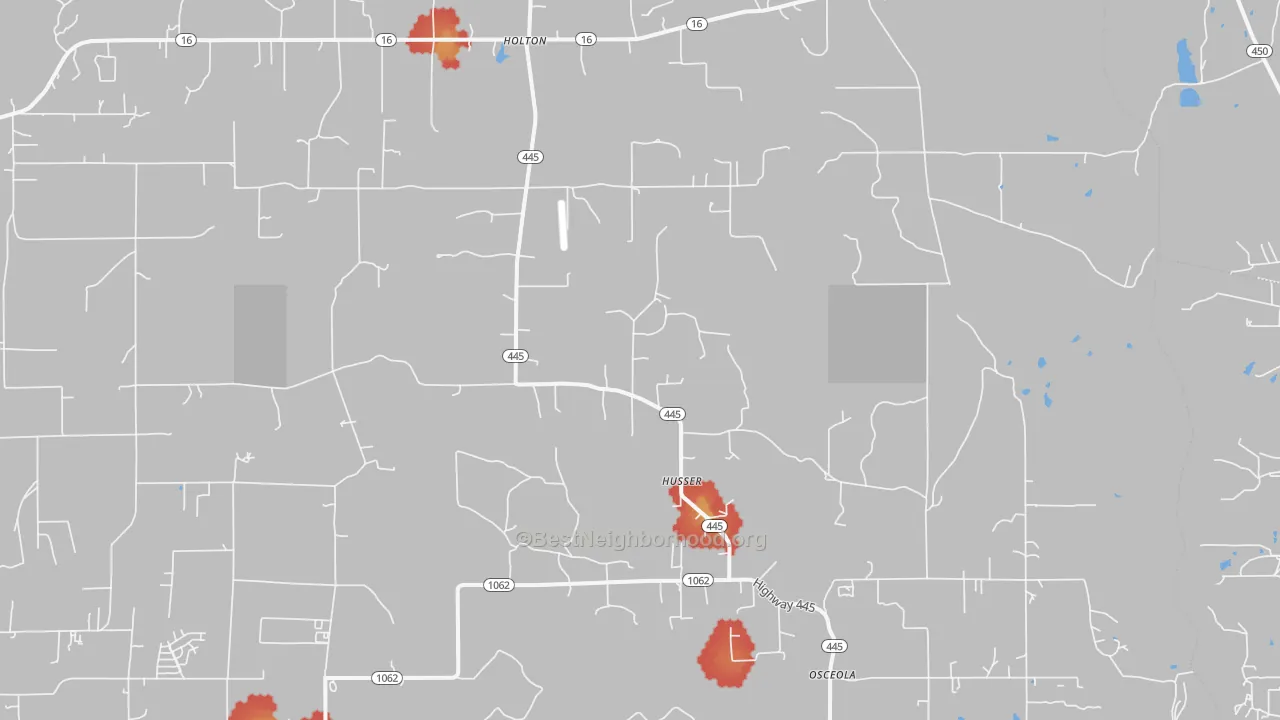 Walk Grade map of Husser, LA, walkable areas in green and car-dependent areas in red