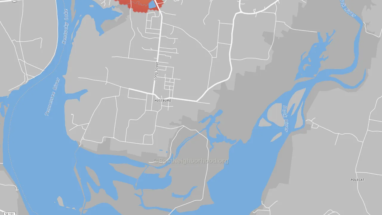 Walk Grade map of Hustburg, TN, walkable areas in green and car-dependent areas in red