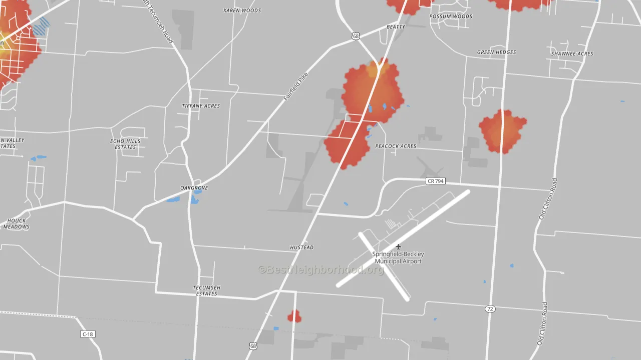 Walk Grade map of Hustead, OH, walkable areas in green and car-dependent areas in red