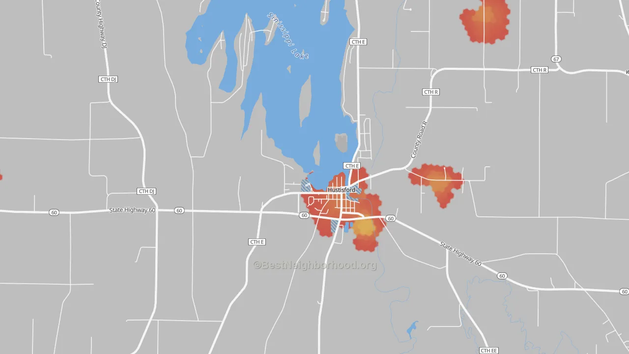 Walk Grade map of Hustisford, WI, walkable areas in green and car-dependent areas in red