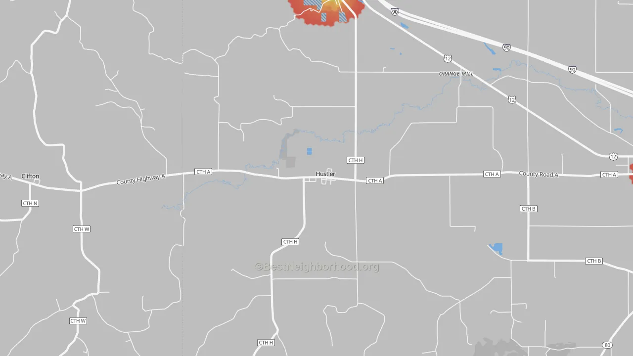 Walk Grade map of Hustler, WI, walkable areas in green and car-dependent areas in red